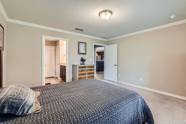 3354 Blossom Row, San Antonio, TX 78253 - bedroom with ornamental molding, light colored carpet, a textured ceiling, and ensuite bathroom