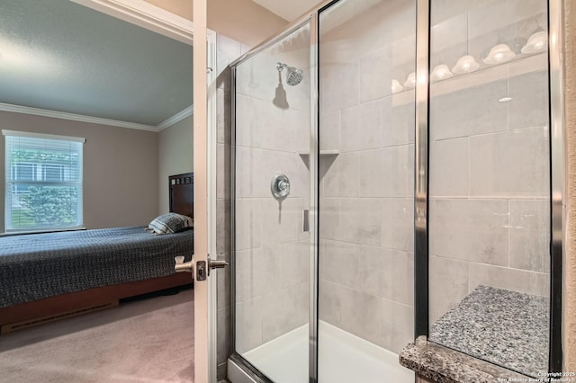 3354 Blossom Row, San Antonio, TX 78253 - bathroom with ornamental molding, connected bathroom, and a shower stall