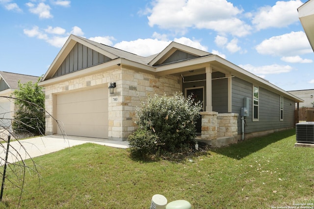7883 Abbey, San Antonio, TX 78218 - view of front facade featuring board and batten siding, a garage, concrete driveway, and stone siding