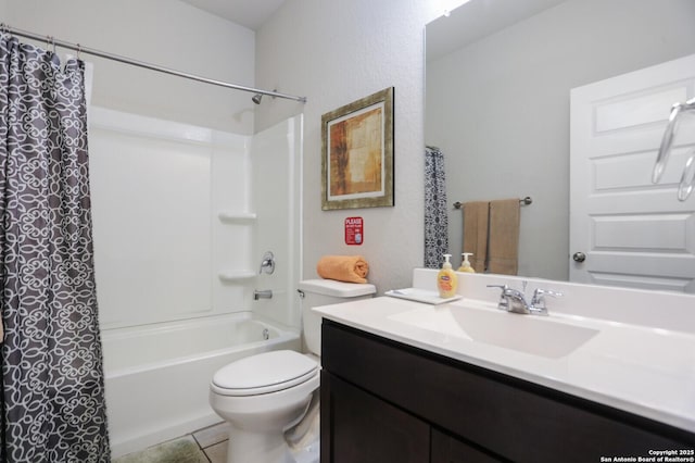 7883 Abbey, San Antonio, TX 78218 - bathroom with vanity, shower / bath combo with shower curtain, and tile patterned flooring