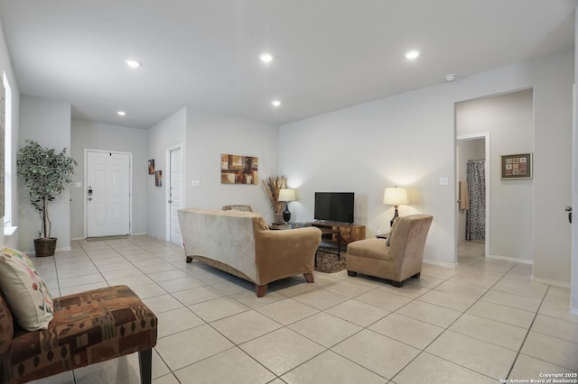 7883 Abbey, San Antonio, TX 78218 - living room featuring light tile patterned flooring and recessed lighting