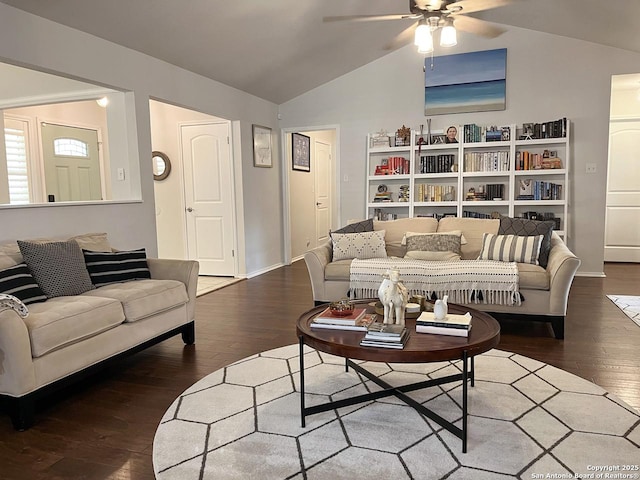 15115 Mission Oaks St, San Antonio, TX 78232 - living room featuring lofted ceiling, wood-type flooring, and a ceiling fan