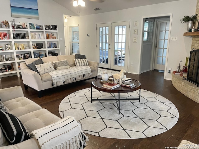 15115 Mission Oaks St, San Antonio, TX 78232 - living room featuring hardwood / wood-style floors, a fireplace, french doors, and ceiling fan