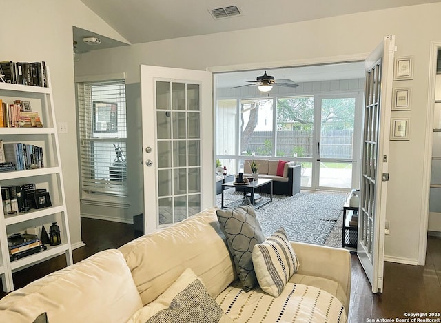 15115 Mission Oaks St, San Antonio, TX 78232 - living room with a ceiling fan, lofted ceiling, and dark wood-style floors