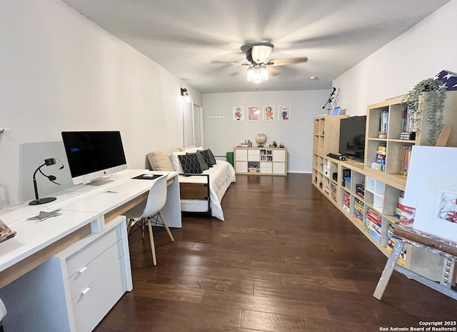 15115 Mission Oaks St, San Antonio, TX 78232 - home office featuring a ceiling fan and dark wood finished floors
