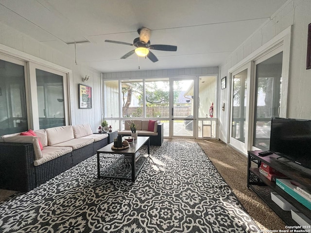 15115 Mission Oaks St, San Antonio, TX 78232 - sunroom with an outdoor hangout area, carpet, and a ceiling fan