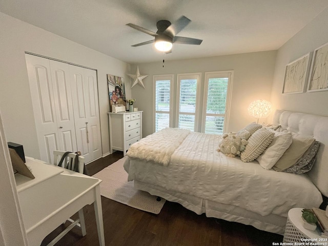 15115 Mission Oaks St, San Antonio, TX 78232 - bedroom with dark wood-style floors, a closet, and a ceiling fan