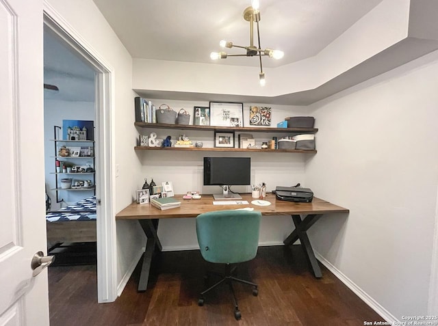 15115 Mission Oaks St, San Antonio, TX 78232 - home office featuring wood finished floors, a chandelier, and built in desk