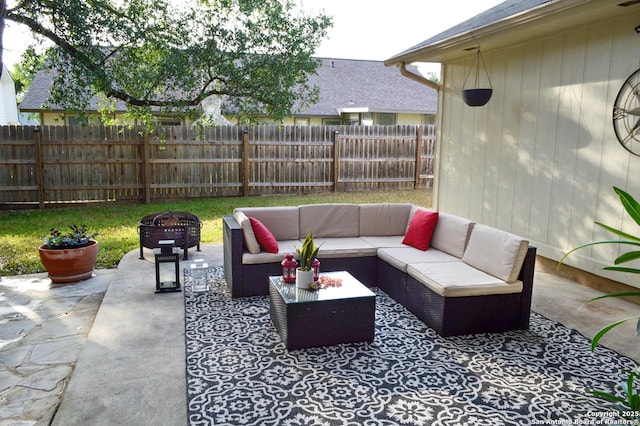 15115 Mission Oaks St, San Antonio, TX 78232 - view of patio featuring an outdoor living space with a fire pit