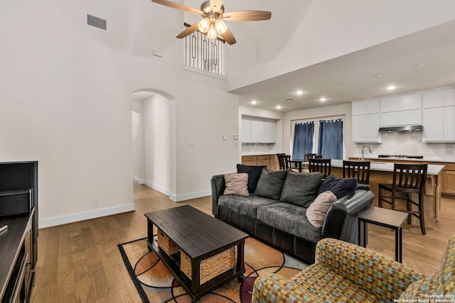 1845 Nettletree, New Braunfels, TX 78132 - living area with a ceiling fan, arched walkways, light wood-style flooring, a towering ceiling, and recessed lighting