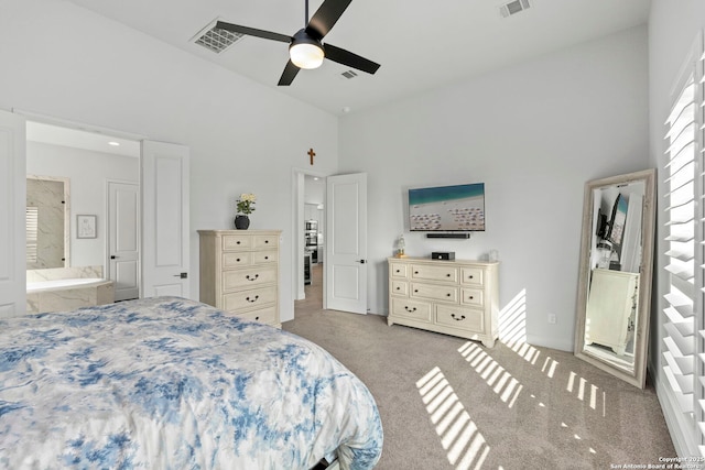 2905 Harvest Moon, Seguin, TX 78155 - carpeted bedroom featuring high vaulted ceiling, ensuite bath, and a ceiling fan