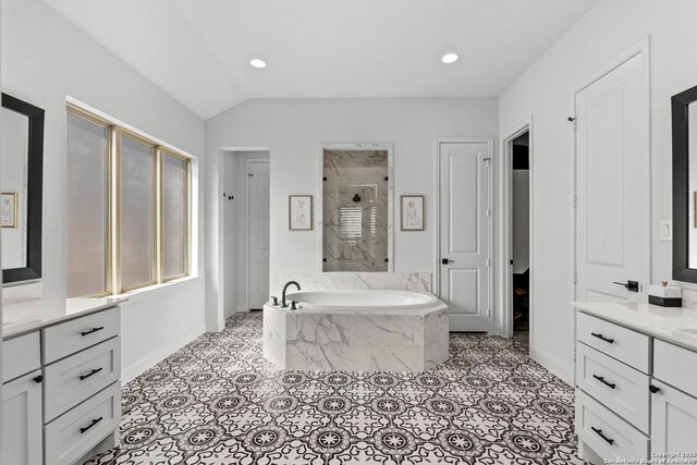 2905 Harvest Moon, Seguin, TX 78155 - full bath with a bath, vanity, a stall shower, recessed lighting, and lofted ceiling