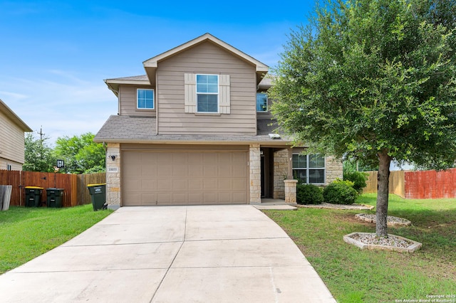 10055 Strasbourg, Schertz, TX 78154 - traditional-style house featuring stone siding, an attached garage, driveway, and roof with shingles