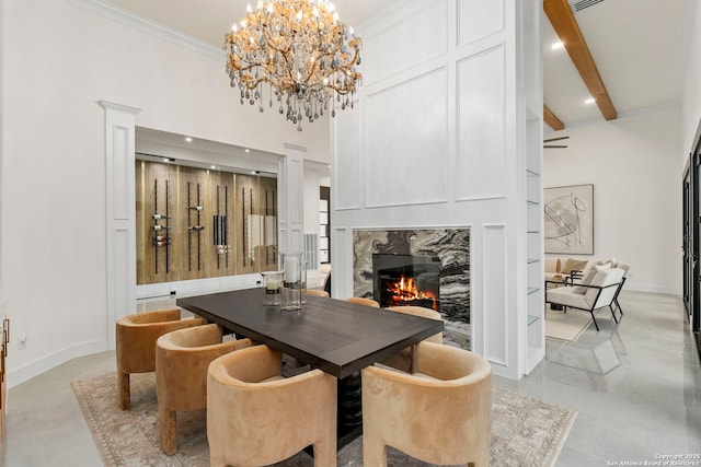 6 Turin Ct, San Antonio, TX 78257 - dining area with recessed lighting, a chandelier, a premium fireplace, ornate columns, and crown molding