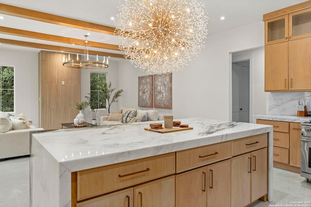6 Turin Ct, San Antonio, TX 78257 - kitchen featuring a chandelier, open floor plan, light brown cabinets, light stone counters, and recessed lighting