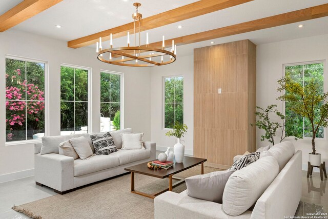 6 Turin Ct, San Antonio, TX 78257 - living room with beam ceiling, recessed lighting, a chandelier, and plenty of natural light