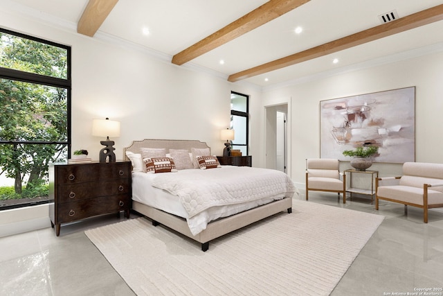 6 Turin Ct, San Antonio, TX 78257 - bedroom with beamed ceiling, recessed lighting, concrete floors, and crown molding