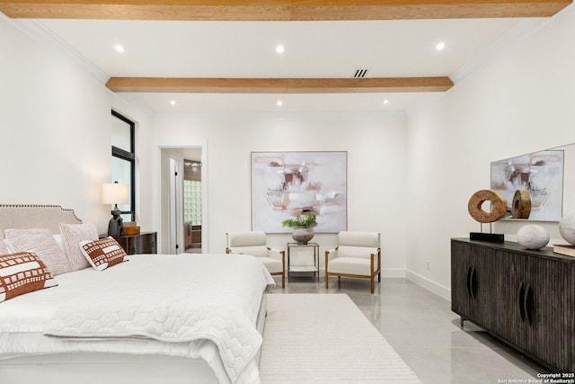 6 Turin Ct, San Antonio, TX 78257 - bedroom featuring finished concrete flooring, beamed ceiling, ornamental molding, recessed lighting, and connected bathroom