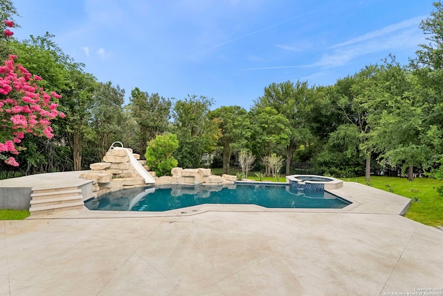 6 Turin Ct, San Antonio, TX 78257 - view of pool with a water slide, a patio, a pool with connected hot tub, and view of wooded area