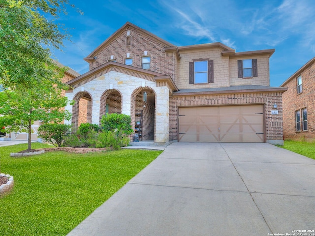 20127 Silver Strm, San Antonio, TX 78259 - view of front facade with a front lawn, driveway, an attached garage, and brick siding