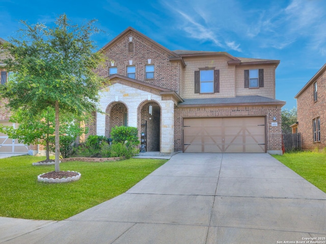 20127 Silver Strm, San Antonio, TX 78259 - view of front of home featuring an attached garage, brick siding, a front lawn, and concrete driveway