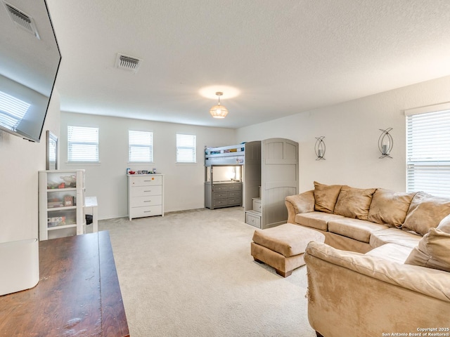 20127 Silver Strm, San Antonio, TX 78259 - living area with light carpet and a textured ceiling