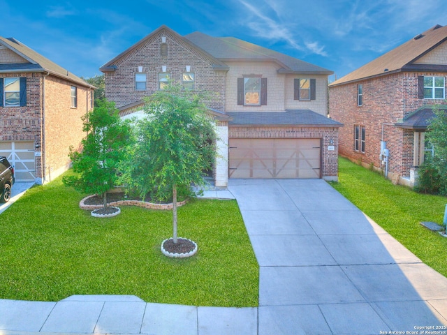 20127 Silver Strm, San Antonio, TX 78259 - traditional-style house featuring an attached garage, brick siding, concrete driveway, and a front lawn