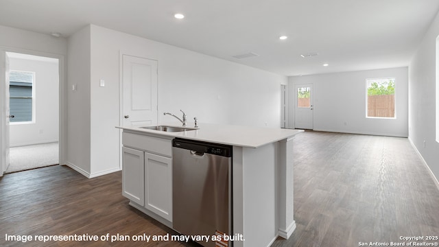 22926 Double Bogey, San Antonio, TX 78261 - kitchen with dishwasher, dark wood-type flooring, an island with sink, light countertops, and recessed lighting