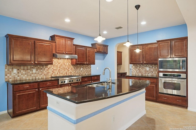 519 Catanbo, San Antonio, TX 78258 - kitchen featuring appliances with stainless steel finishes, range hood, arched walkways, tasteful backsplash, and a kitchen island with sink