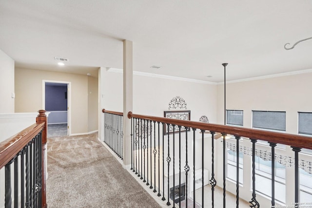 519 Catanbo, San Antonio, TX 78258 - hall with carpet floors, an upstairs landing, and ornamental molding