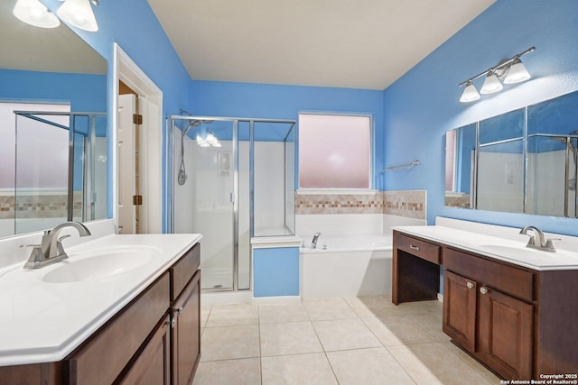 519 Catanbo, San Antonio, TX 78258 - bathroom with a shower stall, two vanities, a bath, and tile patterned flooring