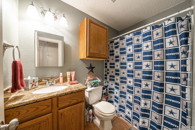 11002 Stagwood Pass, San Antonio, TX 78254 - full bathroom with a textured ceiling, vanity, curtained shower, tile patterned floors, and a textured wall