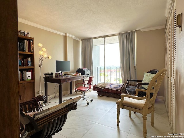 7039 San Pedro Ave Unit 601, San Antonio, TX 78216 - office area featuring crown molding and a textured ceiling
