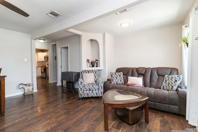 802 Poinsettia, San Antonio, TX 78202 - living room with dark wood-type flooring and ceiling fan