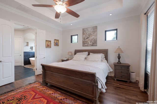 26130 Sunny Mdw, San Antonio, TX 78260 - bedroom with a raised ceiling, multiple windows, dark wood finished floors, ornamental molding, and recessed lighting