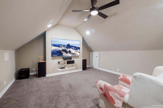 26130 Sunny Mdw, San Antonio, TX 78260 - carpeted home theater featuring lofted ceiling and a ceiling fan
