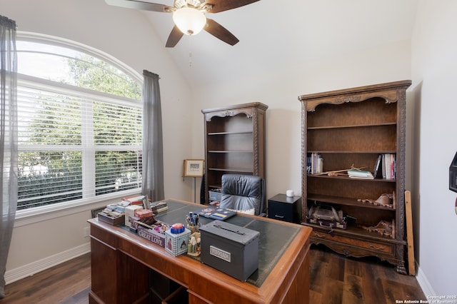 26130 Sunny Mdw, San Antonio, TX 78260 - office featuring ceiling fan, vaulted ceiling, and dark wood finished floors