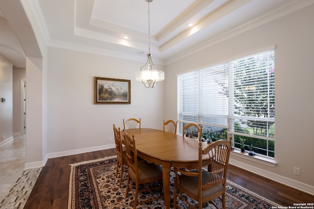 26130 Sunny Mdw, San Antonio, TX 78260 - dining area featuring plenty of natural light, a raised ceiling, wood finished floors, crown molding, and recessed lighting
