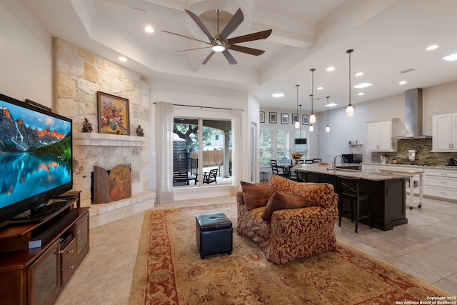 26130 Sunny Mdw, San Antonio, TX 78260 - living room with a ceiling fan, recessed lighting, crown molding, beam ceiling, and coffered ceiling