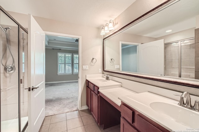 13059 Cache, San Antonio, TX 78253 - bathroom with double vanity, a stall shower, and tile patterned floors