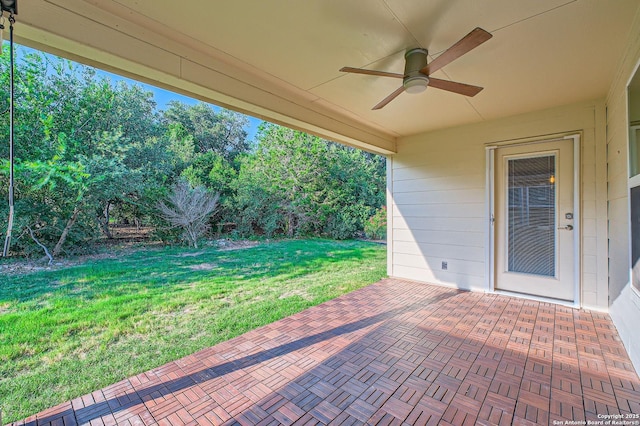 13059 Cache, San Antonio, TX 78253 - view of patio / terrace featuring ceiling fan and view of scattered trees