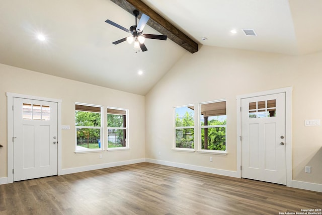 302 Riley Way, Kerrville, TX 78028 - foyer entrance featuring beamed ceiling, a ceiling fan, plenty of natural light, wood finished floors, and recessed lighting