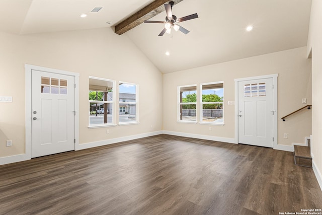 304 Riley Way, Kerrville, TX 78028 - foyer featuring beamed ceiling, ceiling fan, high vaulted ceiling, dark wood-type flooring, and recessed lighting