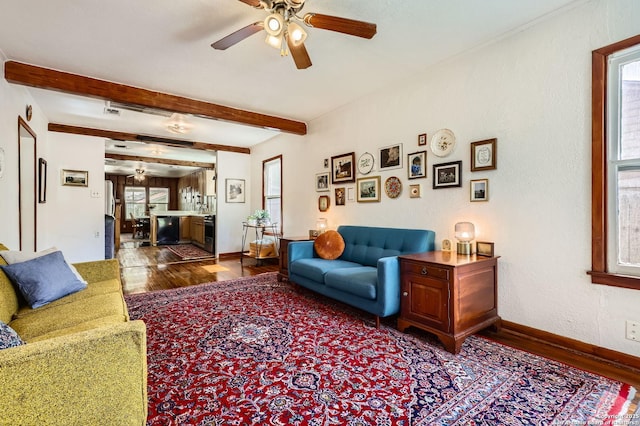 2122 W Hermosa, San Antonio, TX 78201 - living room with dark wood-type flooring, a ceiling fan, and beam ceiling