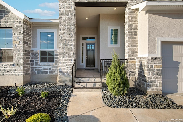 270 Lily Pass, Castroville, TX 78009 - view of exterior entry with stucco siding, stone siding, and a garage