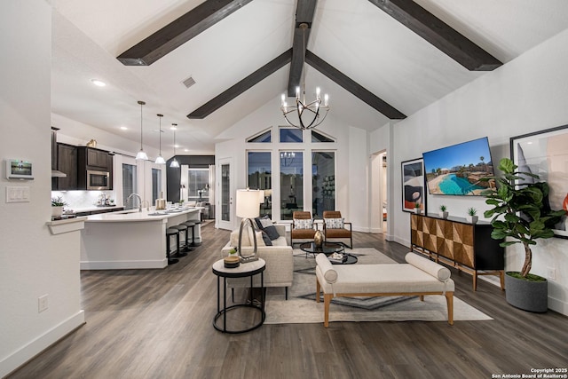 270 Lily Pass, Castroville, TX 78009 - living area featuring high vaulted ceiling, beam ceiling, dark wood-style floors, a chandelier, and recessed lighting
