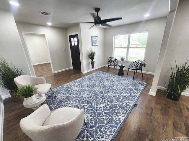 102 Wonder, San Antonio, TX 78213 - sitting room with ceiling fan, wood finished floors, a textured wall, recessed lighting, and a textured ceiling