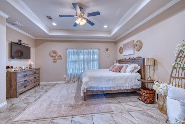 104 Sunday Ct, Uvalde, TX 78801 - bedroom featuring a tray ceiling, ornamental molding, and ceiling fan