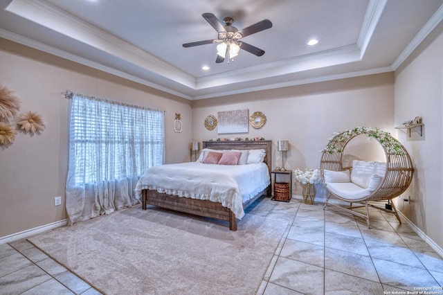 104 Sunday Ct, Uvalde, TX 78801 - tiled bedroom featuring a raised ceiling, ornamental molding, ceiling fan, and recessed lighting