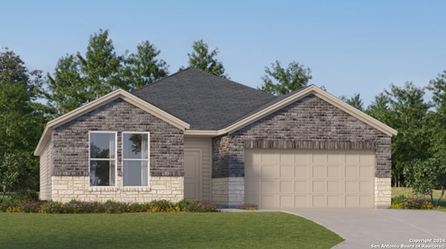 8960 San Carlos, Seguin, TX 78155 - ranch-style house featuring an attached garage, concrete driveway, a front yard, and stone siding